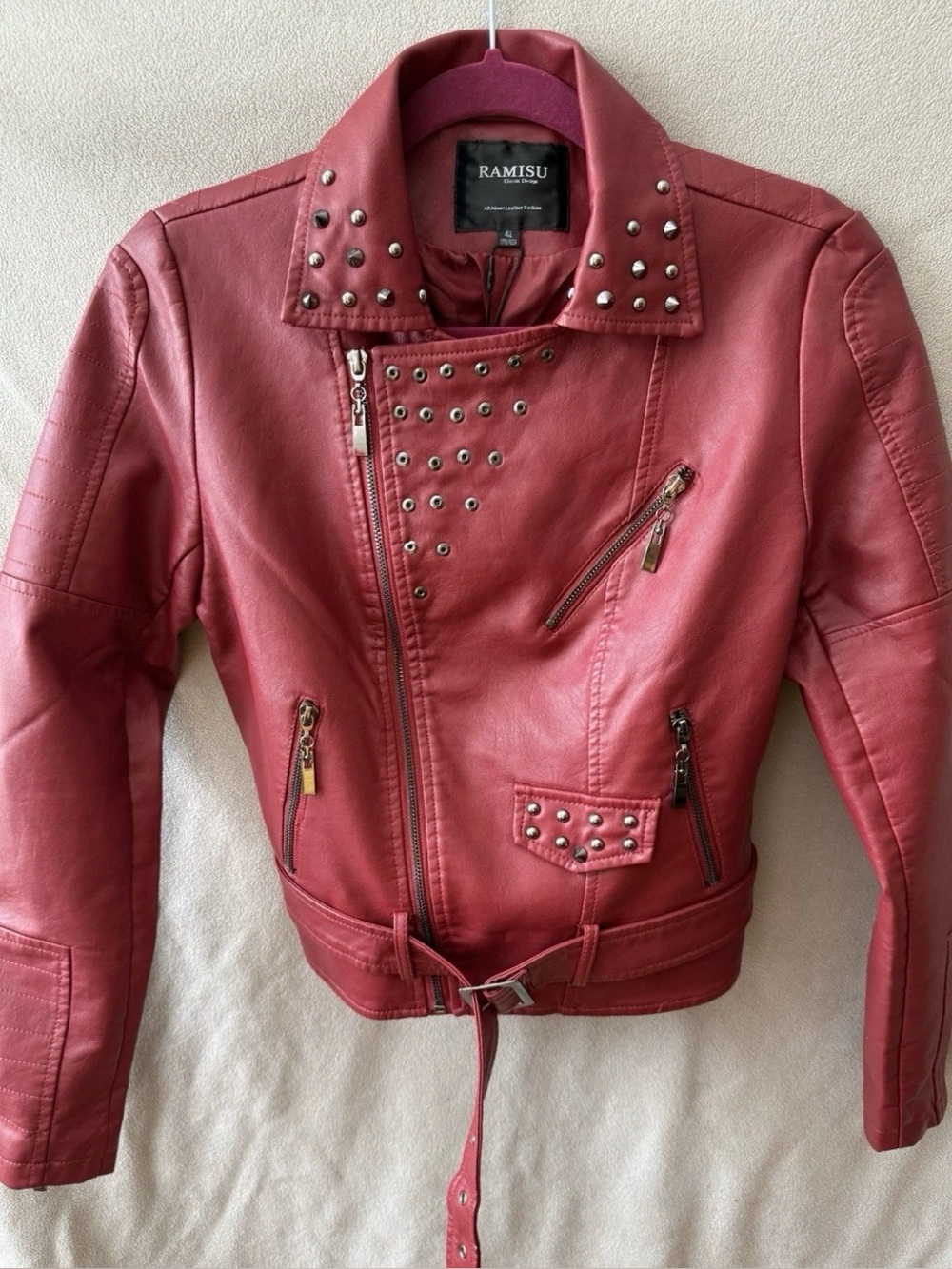 Ramisu Burgundy Studded Faux Leather Moto Jacket NWT Size 42 Approx US 8-10”